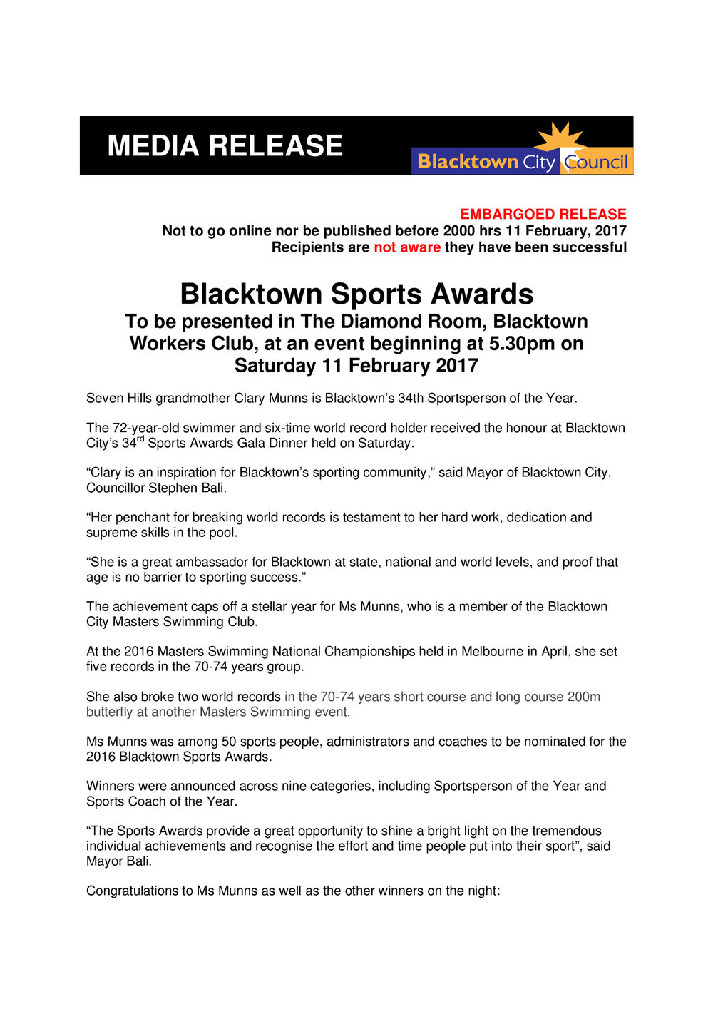 Blacktown City Sports Awards, 2016