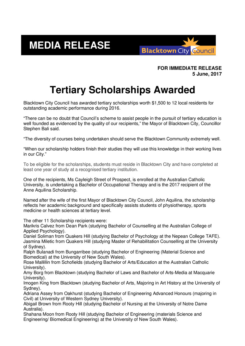 Blacktown City Council Tertiary Scholarship Awards, 2017