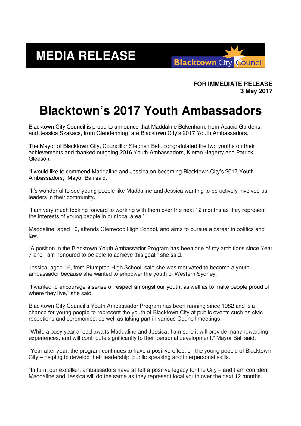 Blacktown City Youth Ambassadors, 2017