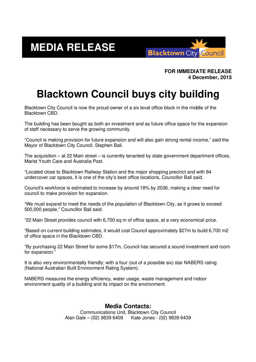 Blacktown Council Buys City Building, 2015