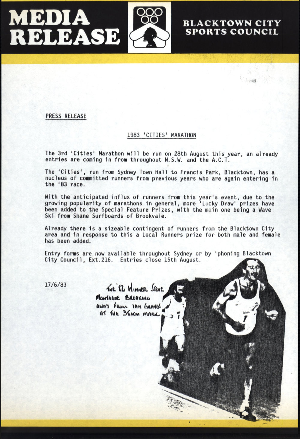 Blacktown Cities Marathon Media Release, 1983