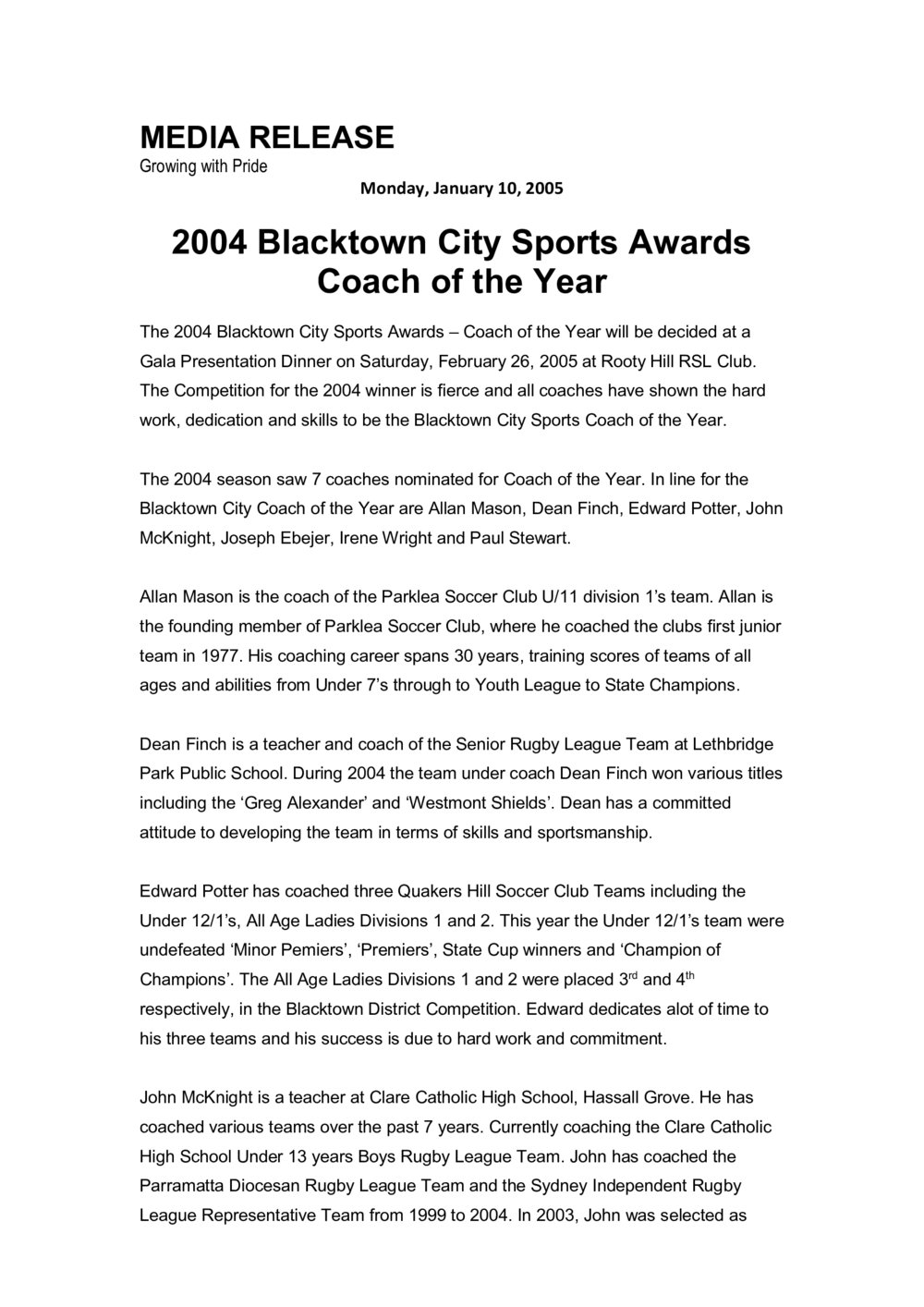 Blacktown City Sports Awards, Coach of the Year, 2004