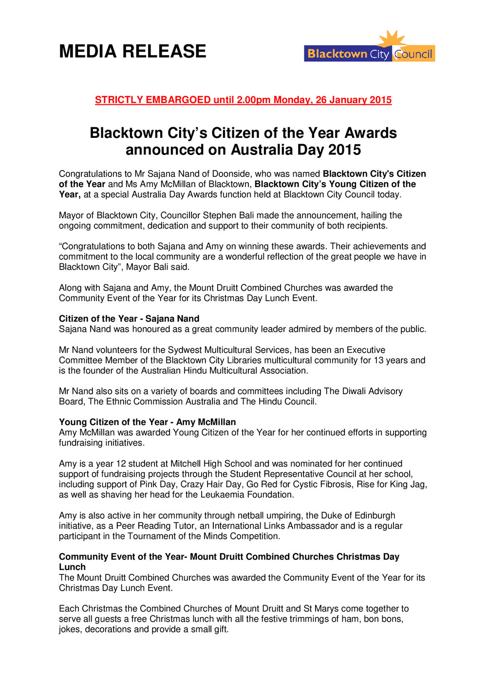 Australia Day Award Winners, 2015