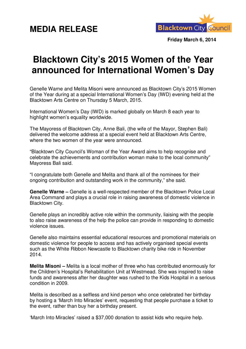 Blacktown City Women of the Year, 2015