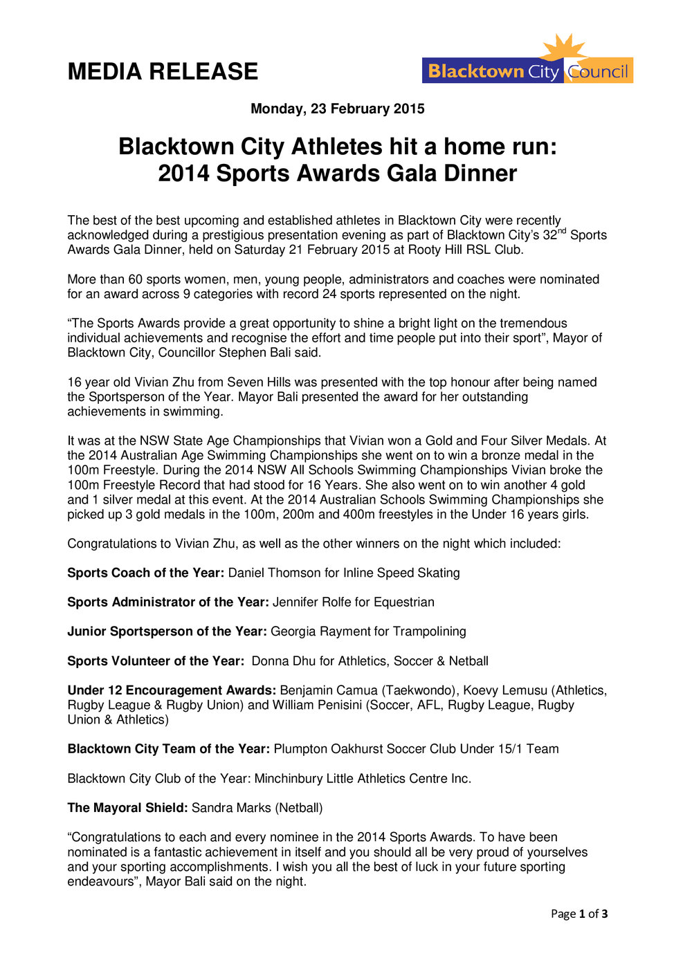 Blacktown City Sports Awards, 2014