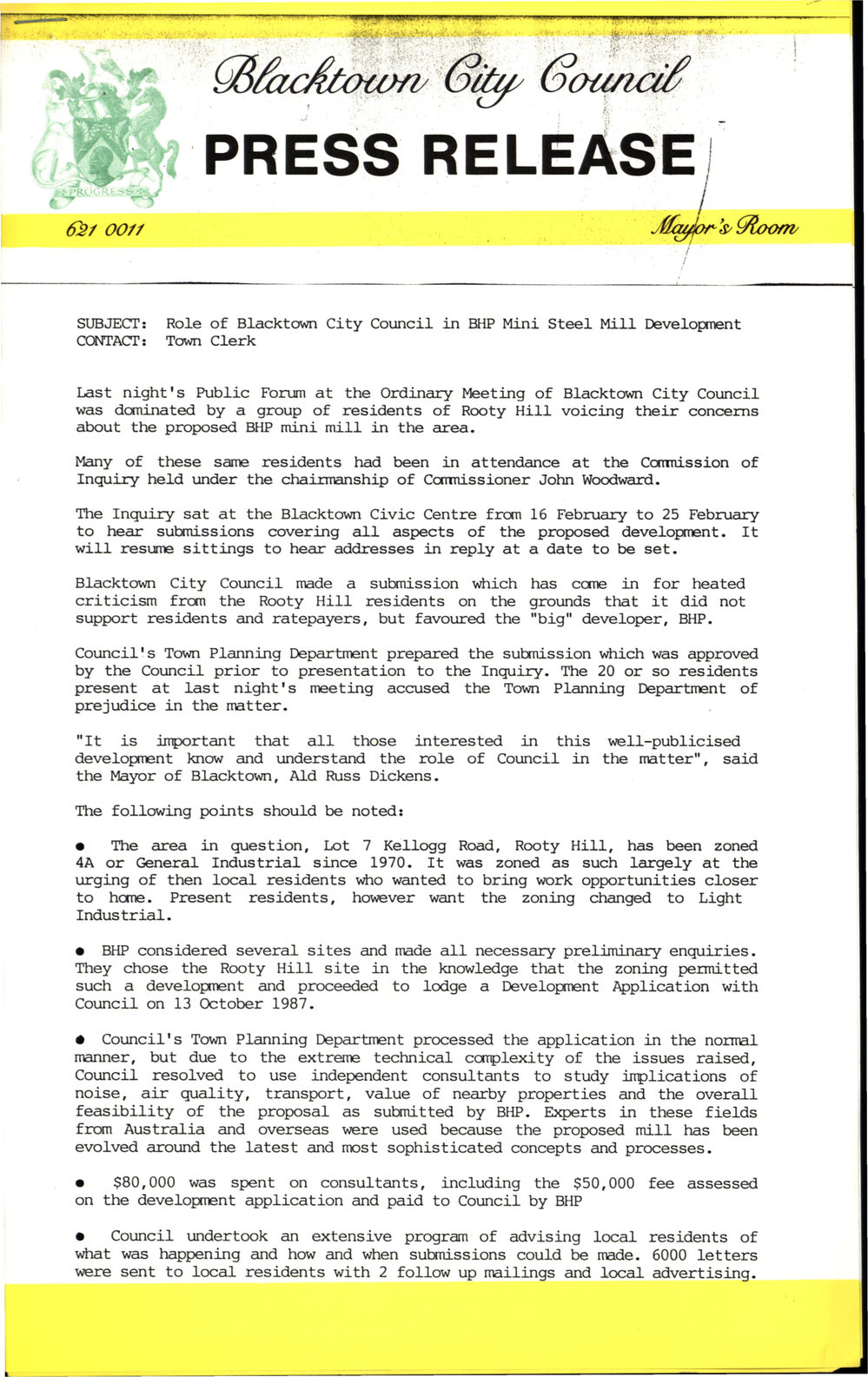 Role of Blacktown City Council in BHP Mini Steel Mill Development, 1988