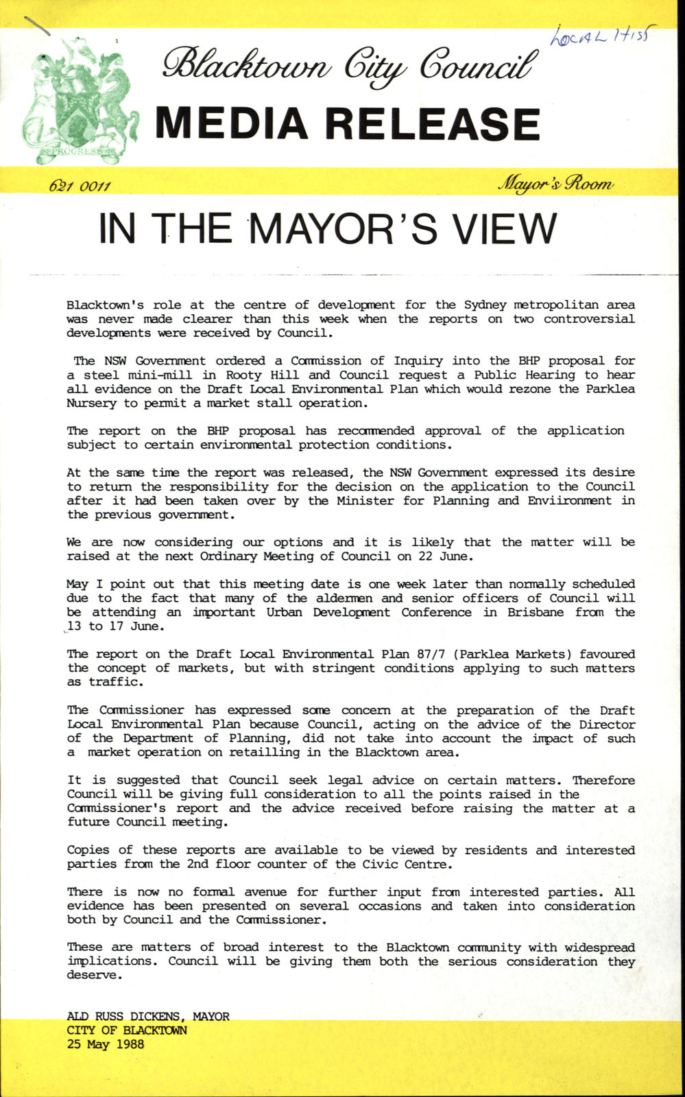  BHP Mini Steel Mill Update, May 1988