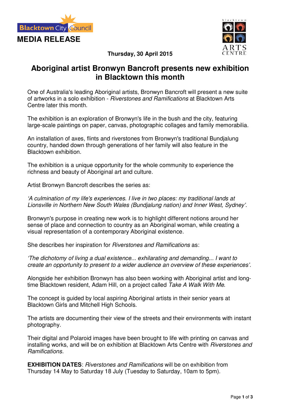 Aboriginal Artist Bronwyn Bancroft presents a new exhibition in Blacktown, 2015