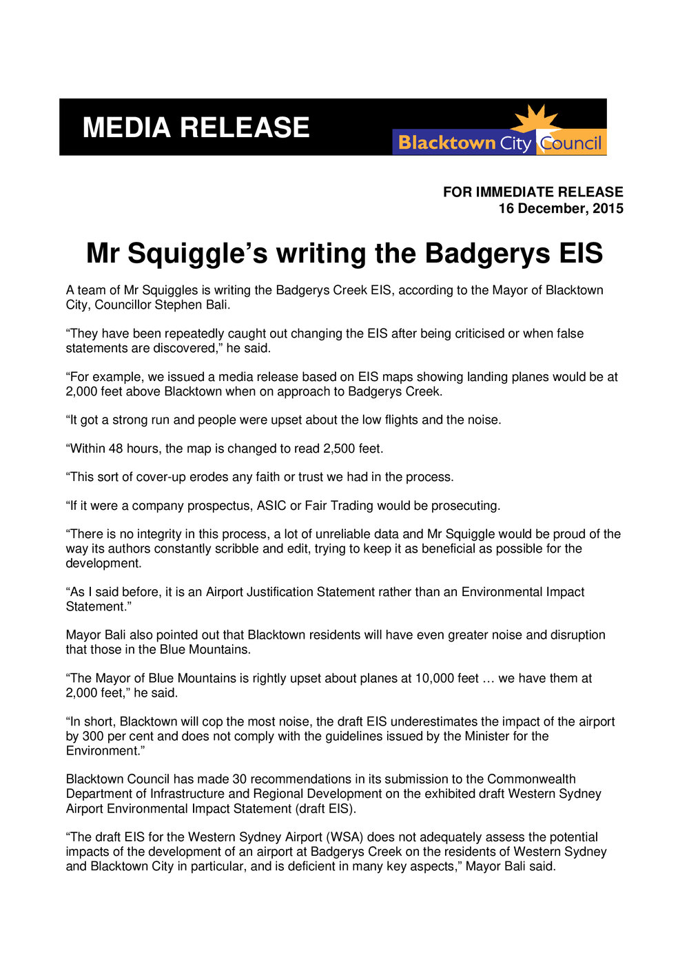 Mr Squiggle's Writing the Badgerys Creek EIS, 2015