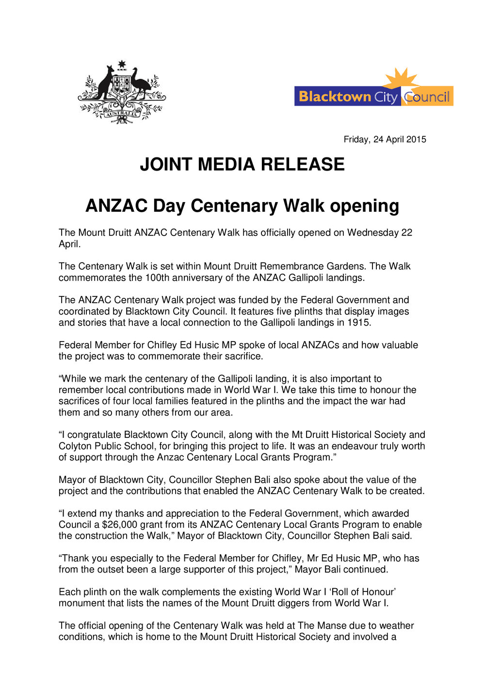 ANZAC Day Centenary Walk Opening, 2015