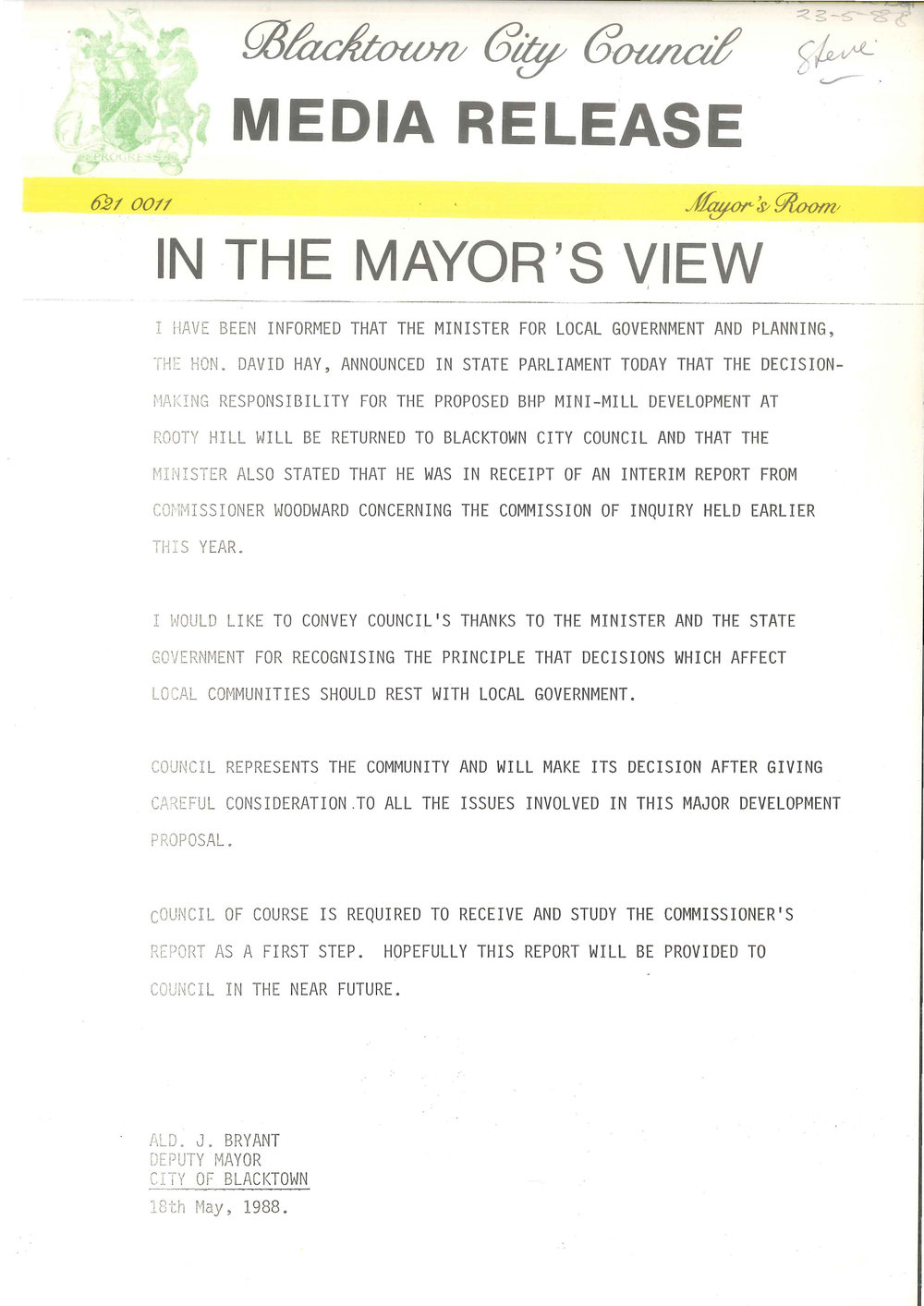 Mayor's View Media Release  - BHP mini Steel Mill Planning Permission, 1988