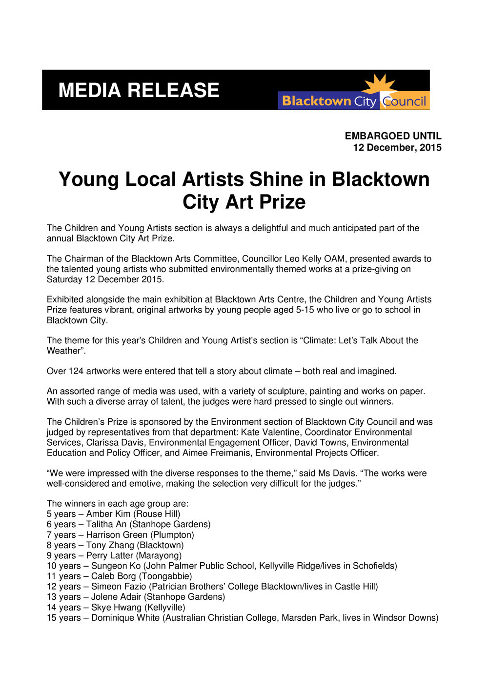 Blacktown City Art Prize Children and Young Artists Winners, 2015