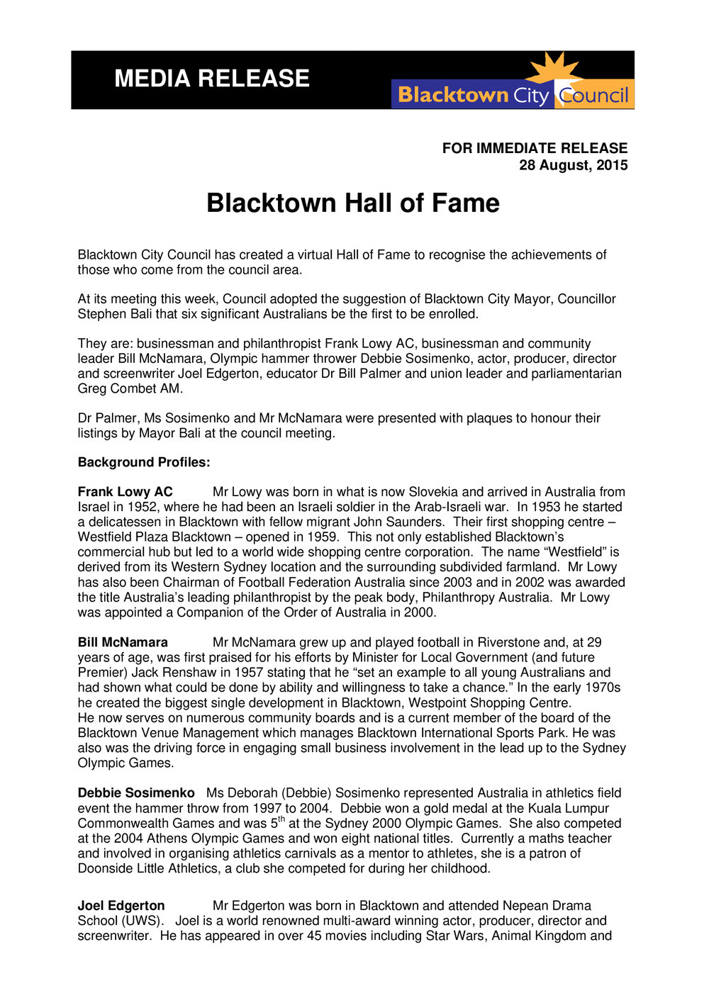 Blacktown City Virtual Hall of Fame, 2015