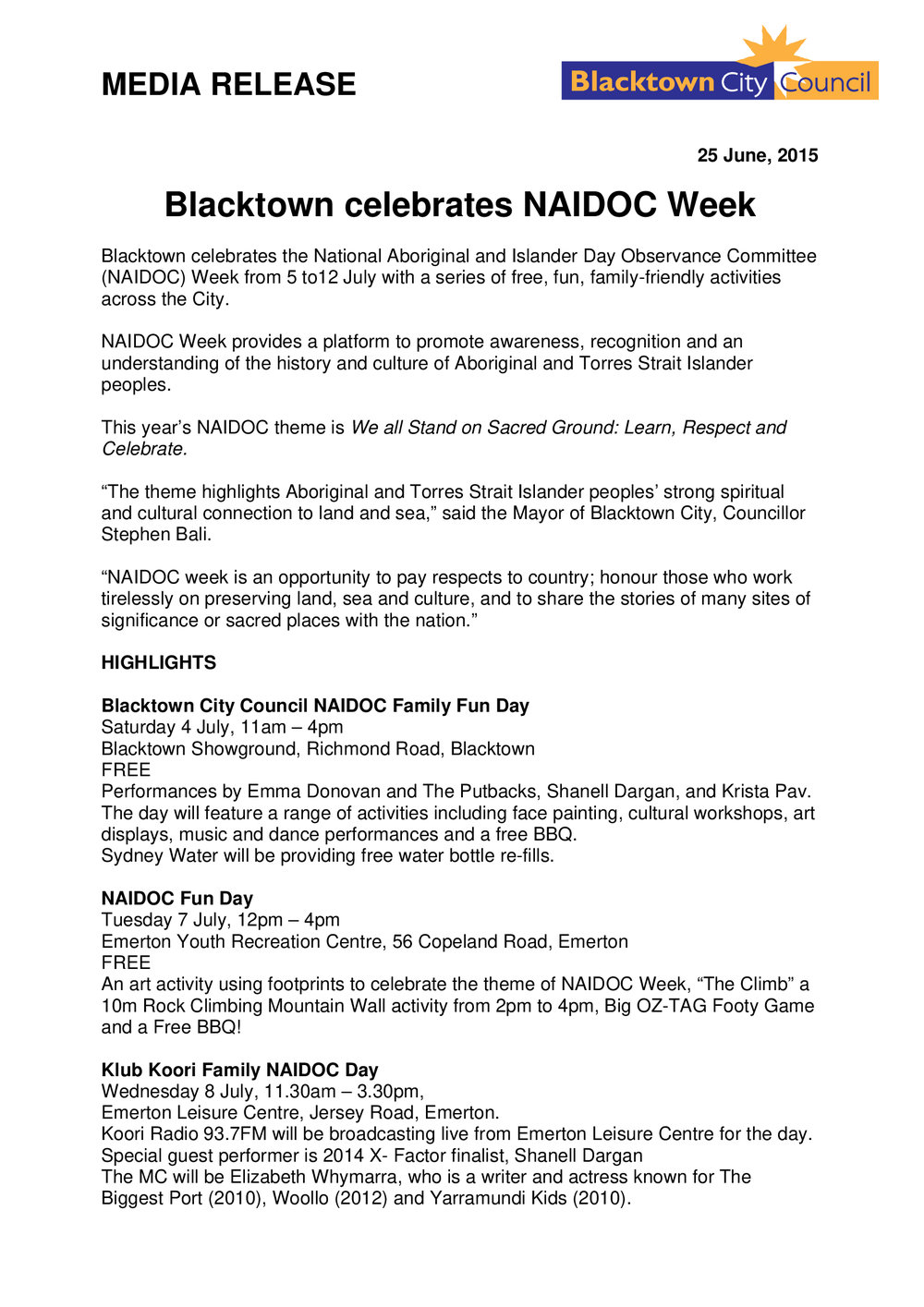 Blacktown NAIDOC Week, 2015