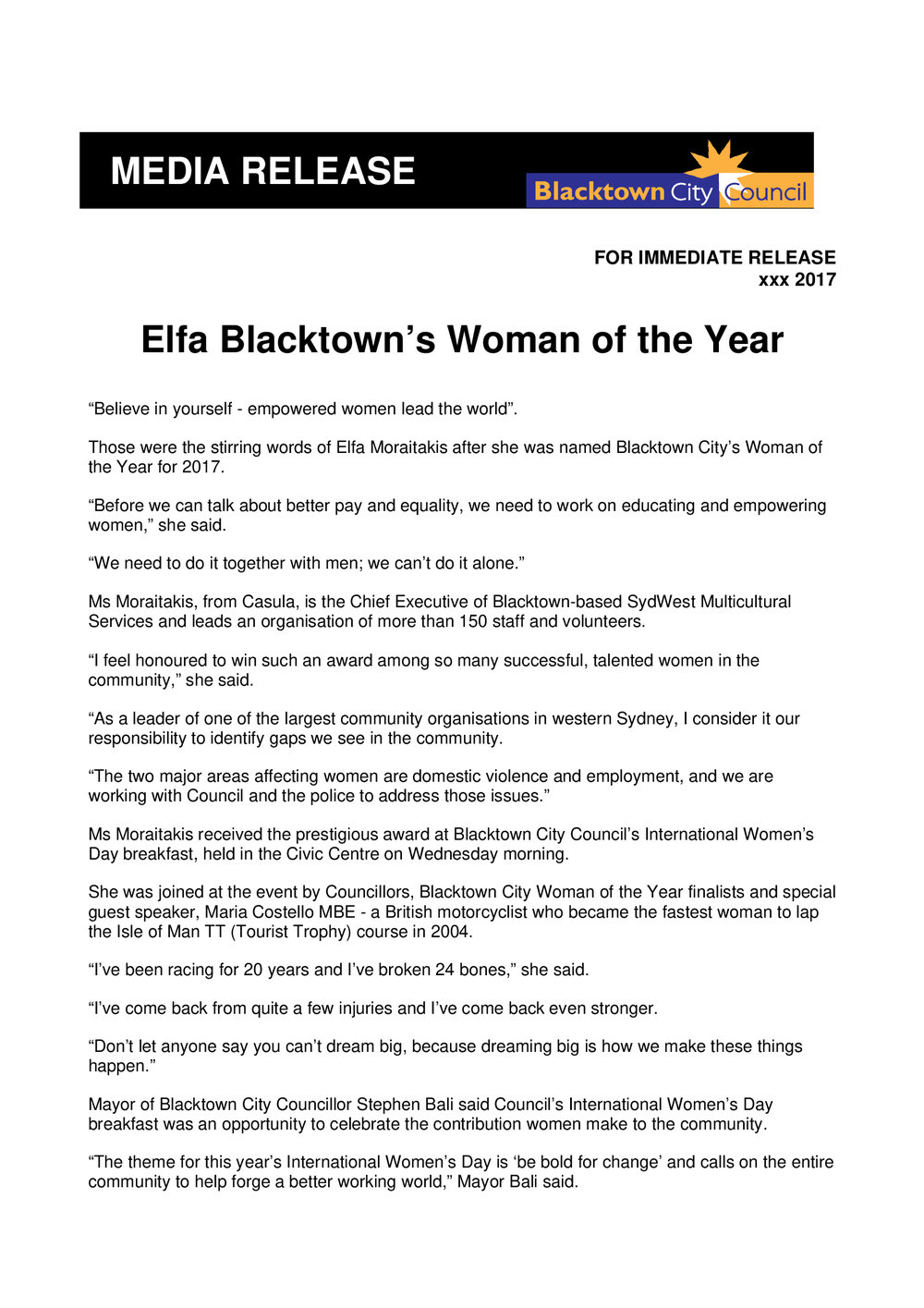 Elfa's Blacktown's Woman of the Year, 2017