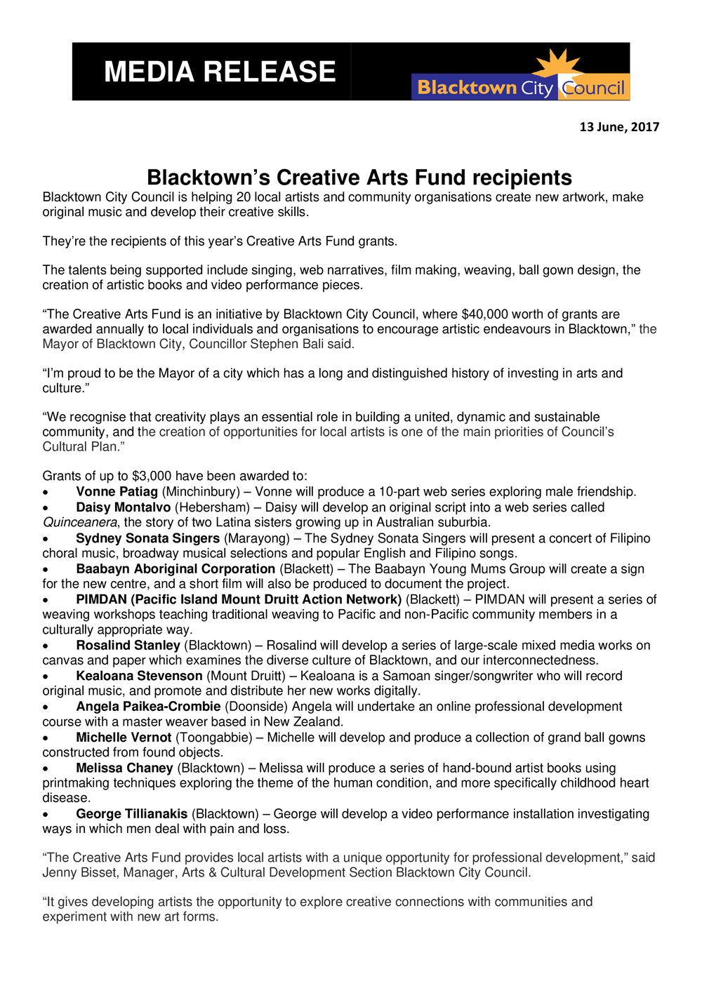 Blacktown City Creative Arts Fund, 2017