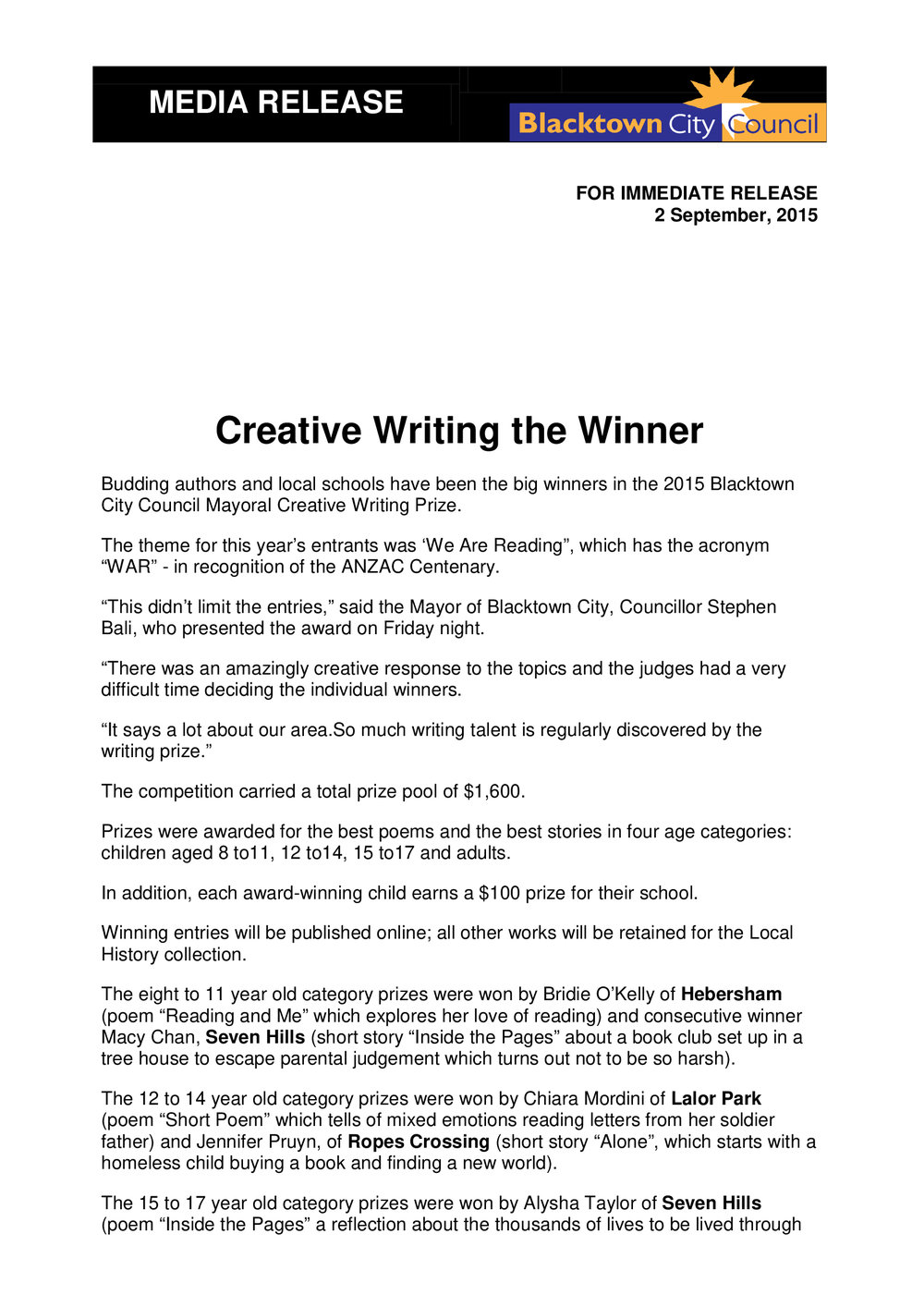 Blacktown City Council Mayoral Creative Writing Prize Winners, 2015