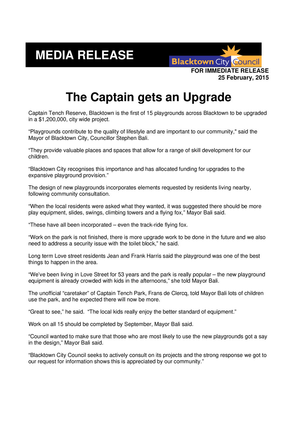 Captain Tench Reserve upgrade, 2015