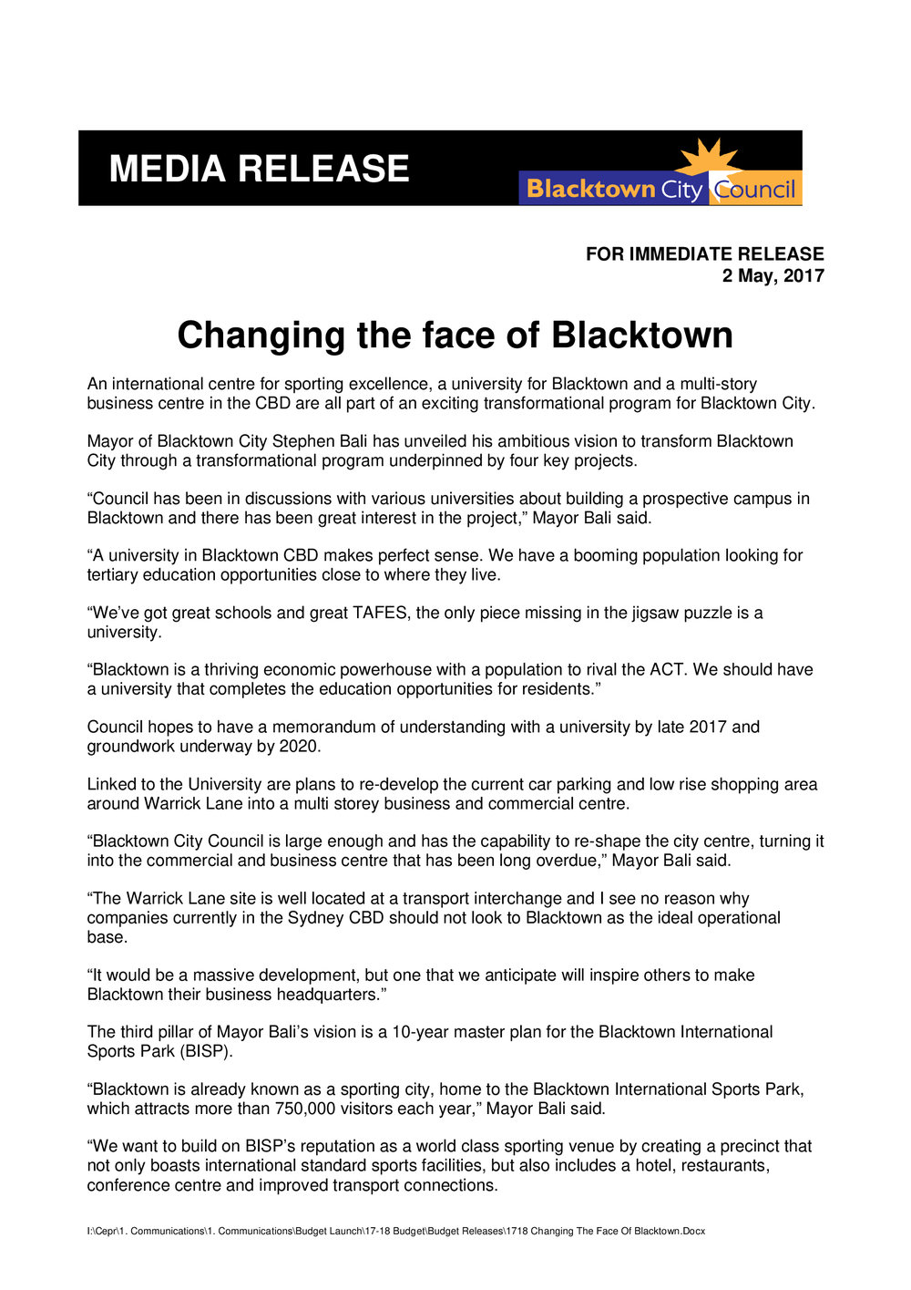 Changing the Face of Blacktown, 2017