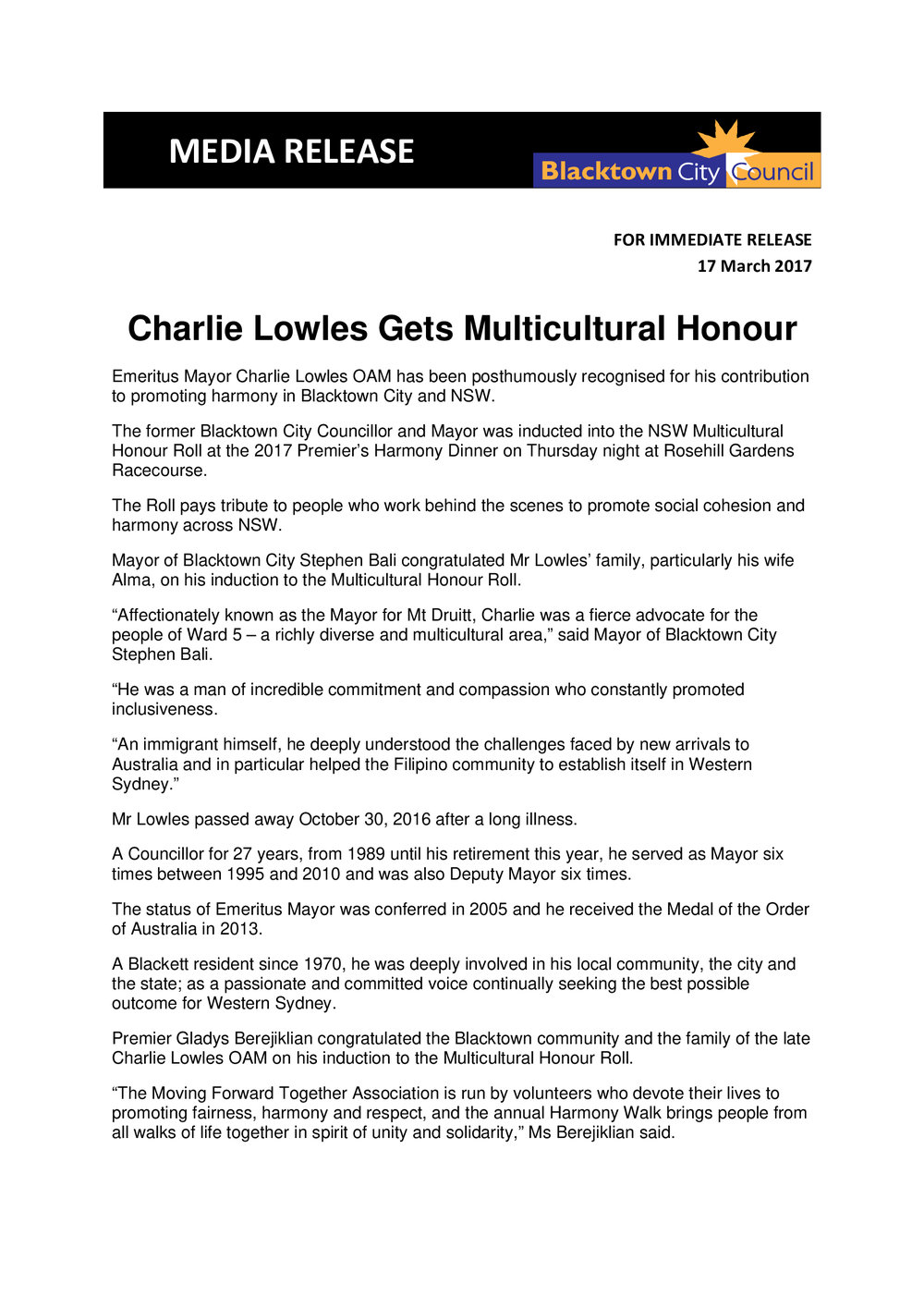 Charlie Lowles Gets Multicultural Honour, 2017