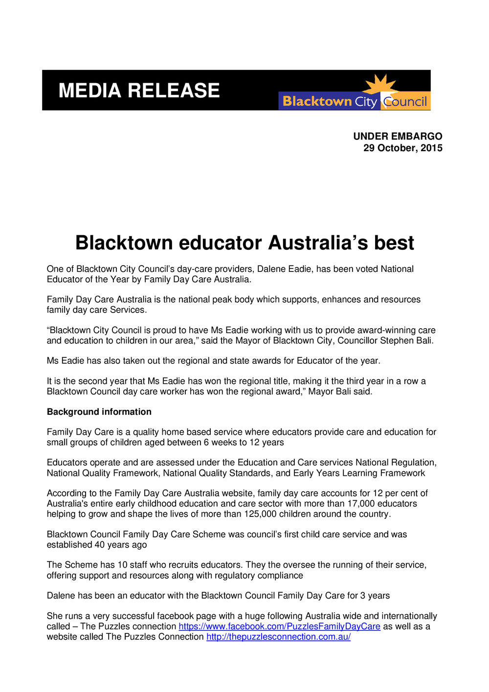 Blacktown Educator Australia's Best, Dalene Eadie, 2015