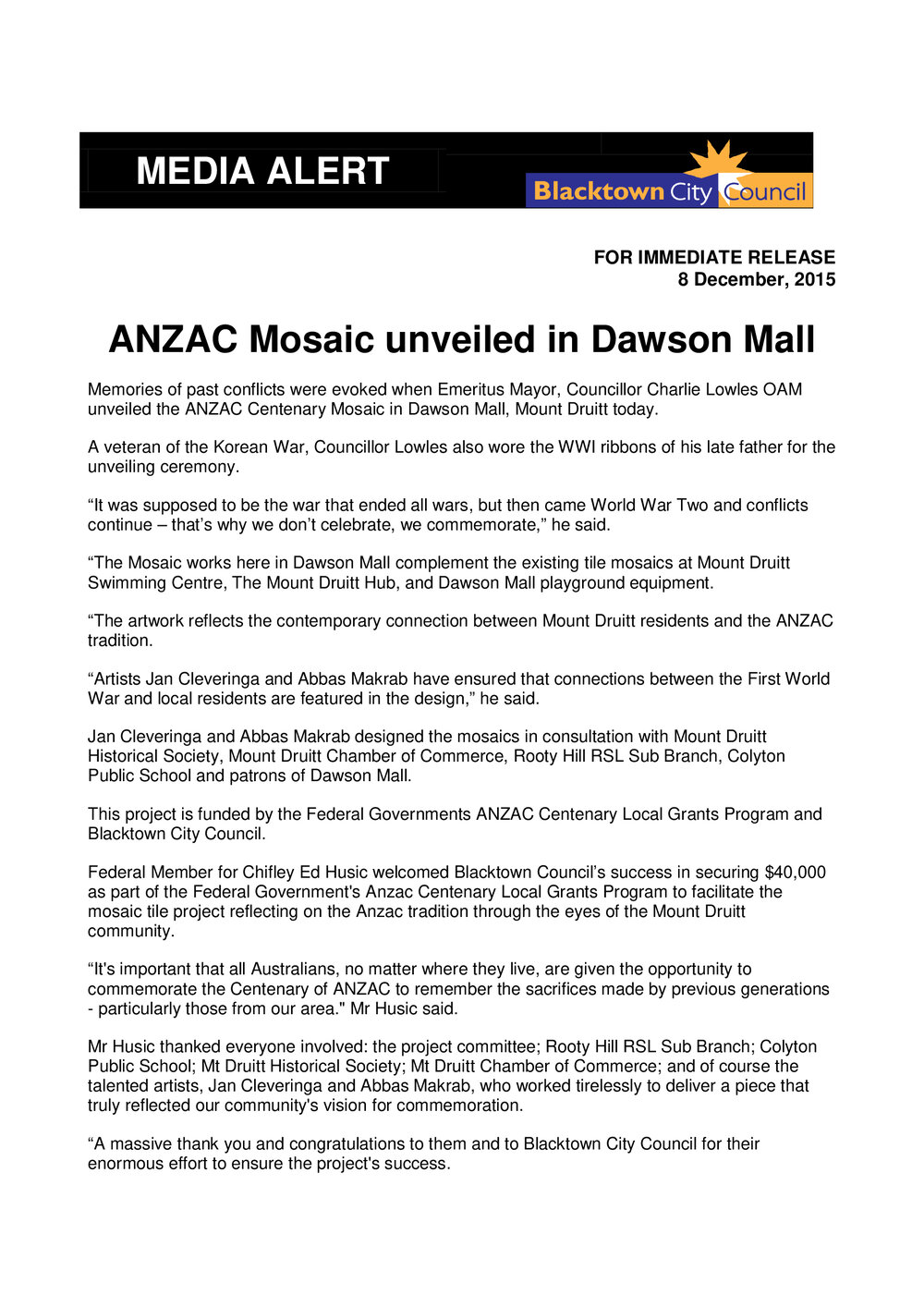 ANZAC Mosaics Unveiled, Dawson Mall, 2015