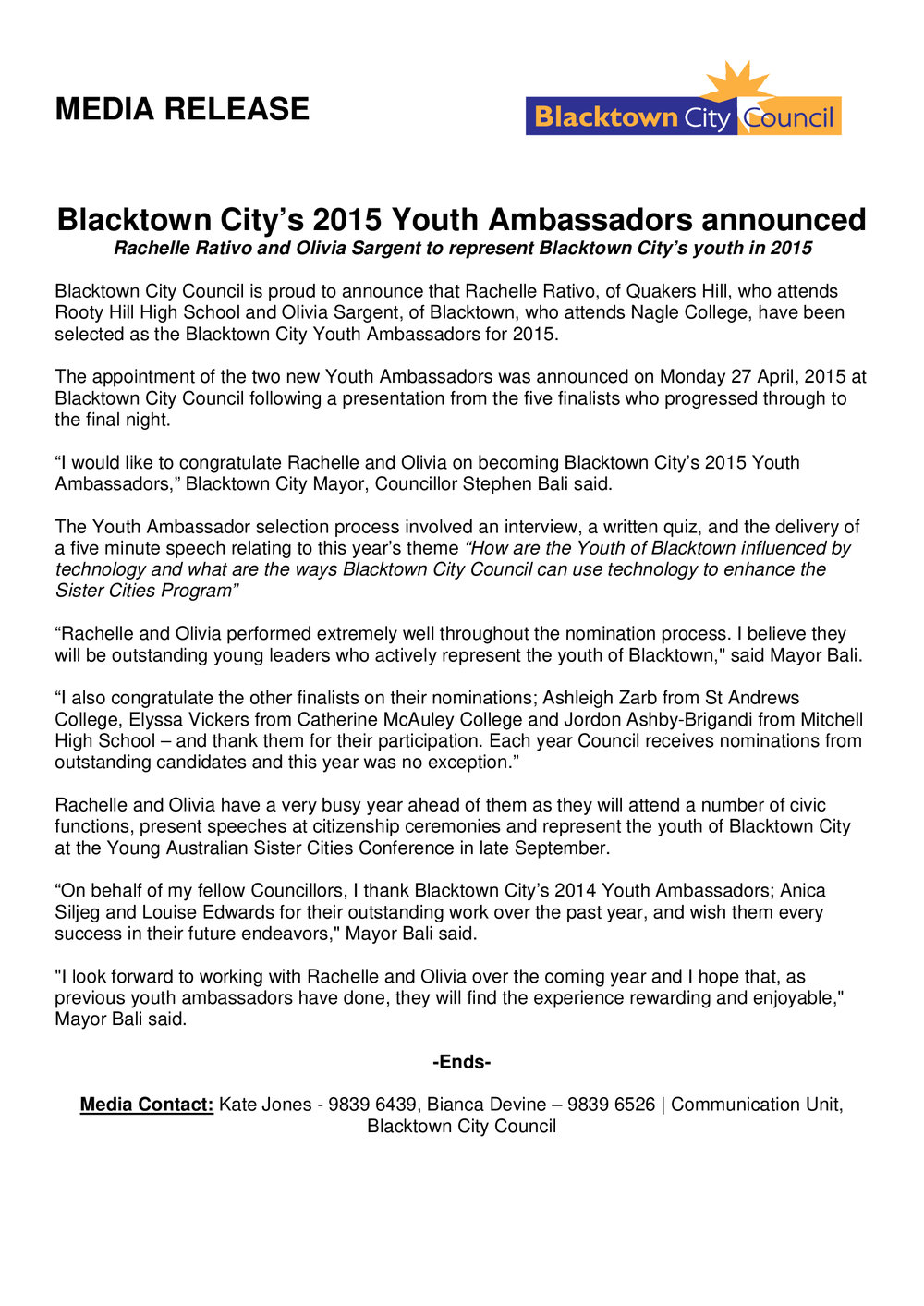 Blacktown City Youth Ambassadors, 2015