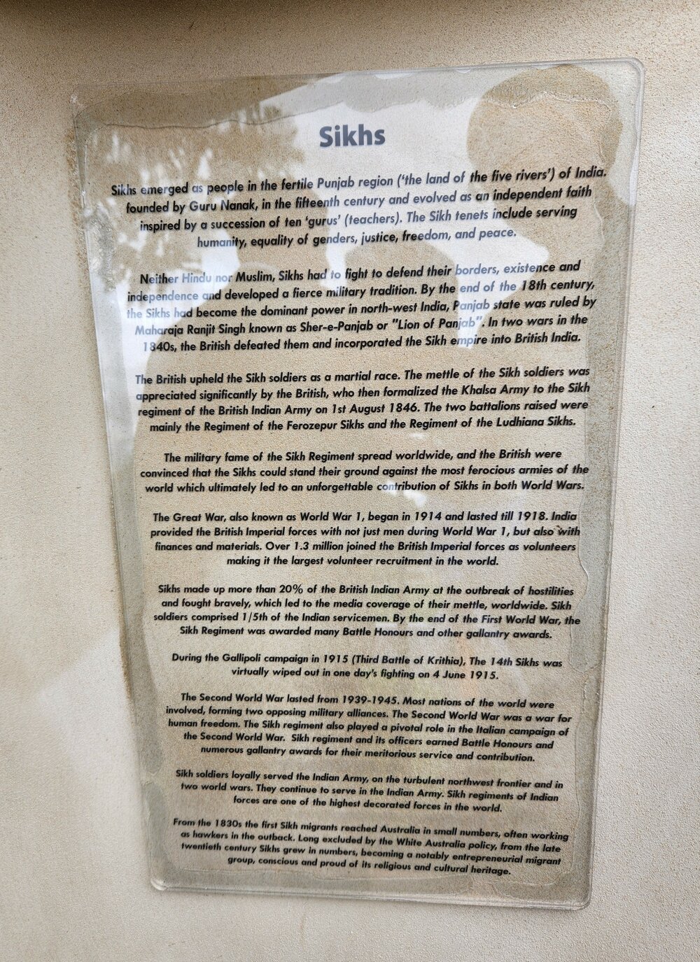 Sikh ANZAC War Memorial, Plaque