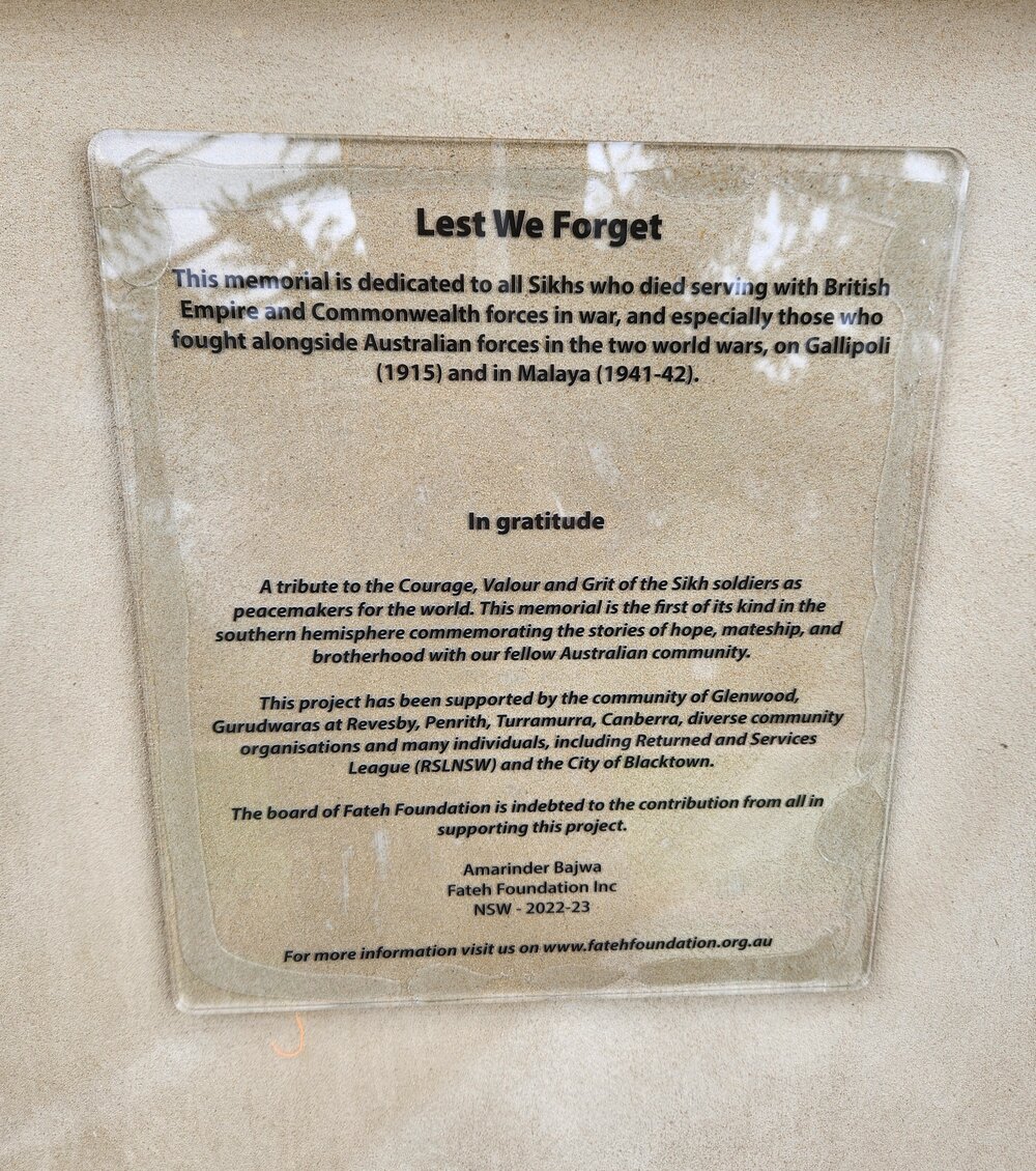 Sikh ANZAC War Memorial, Plaque