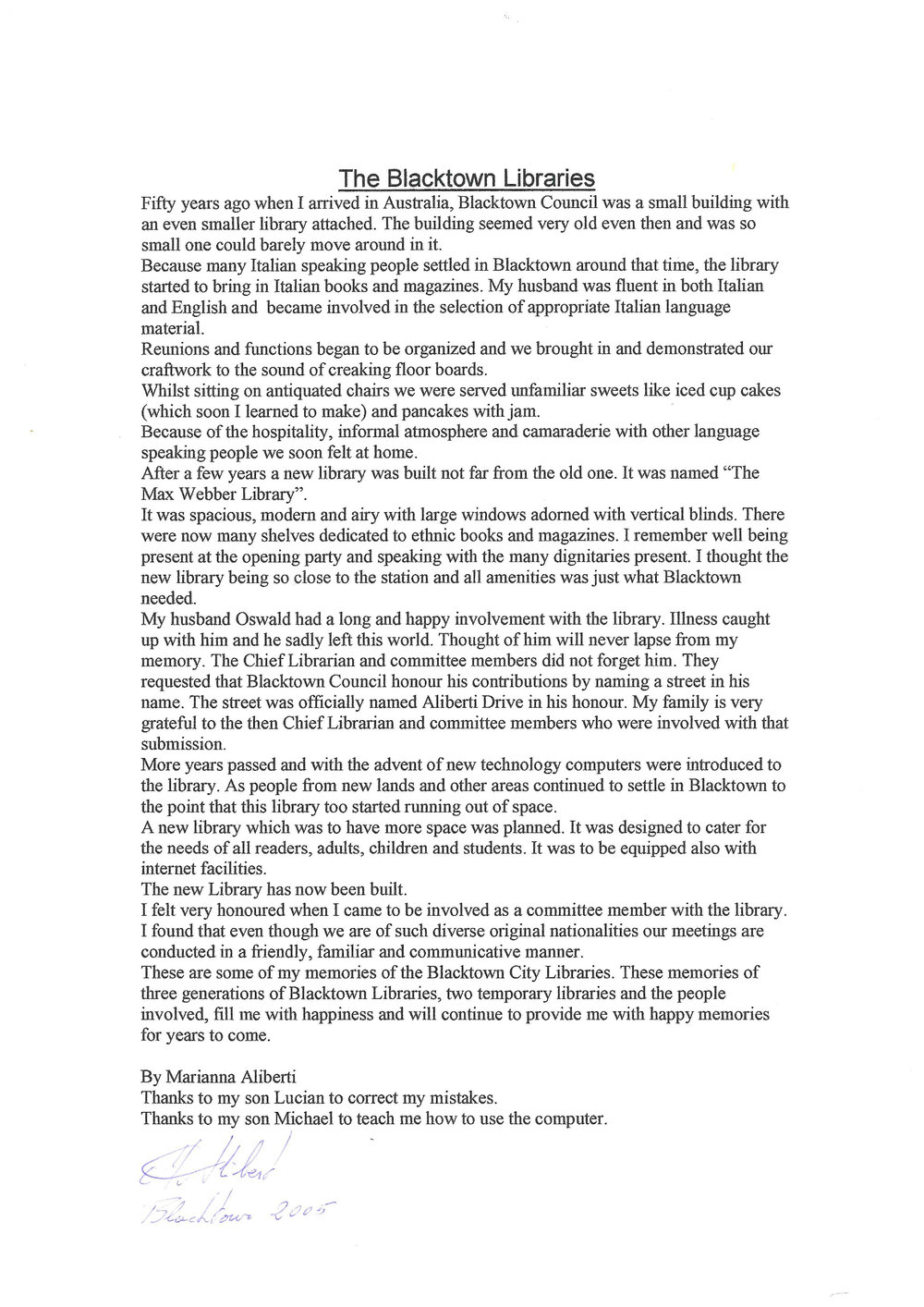 The Blacktown Libraries.  Recollections by Marianna Aliberti