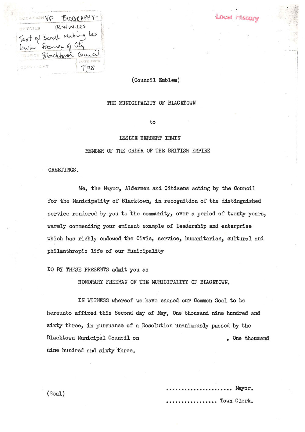  Leslie Herbert Irwin, Freeman of the Municipality of Blacktown, 1963