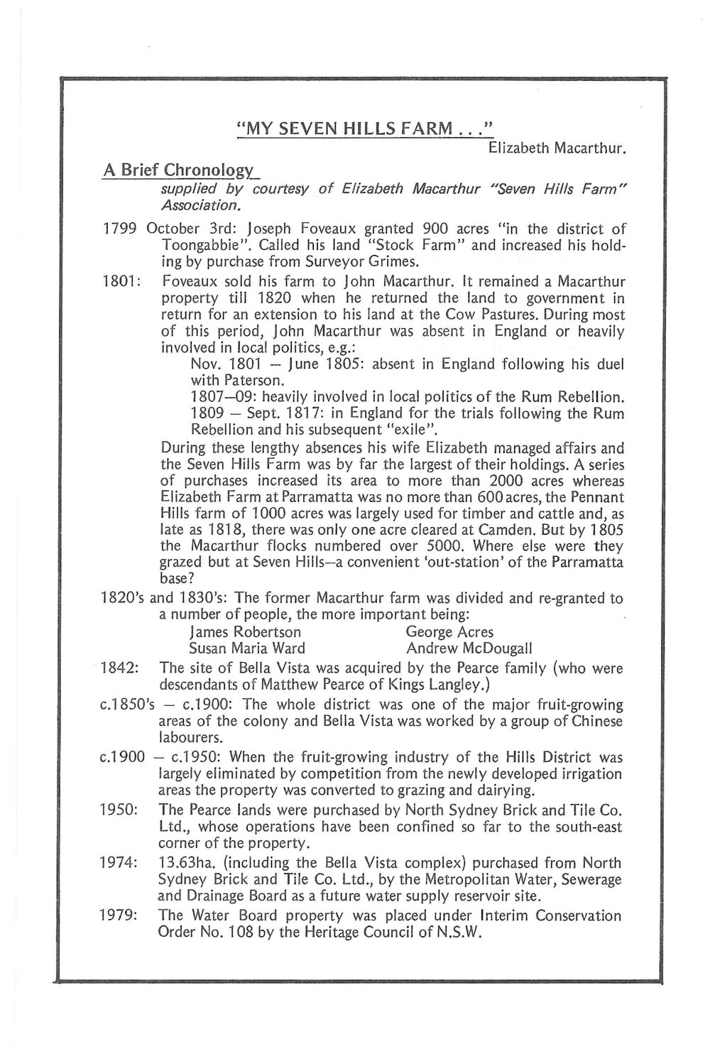 My Seven Hills Farm (Bella Vista), a Brief Chronology, Elizabeth Macarthur