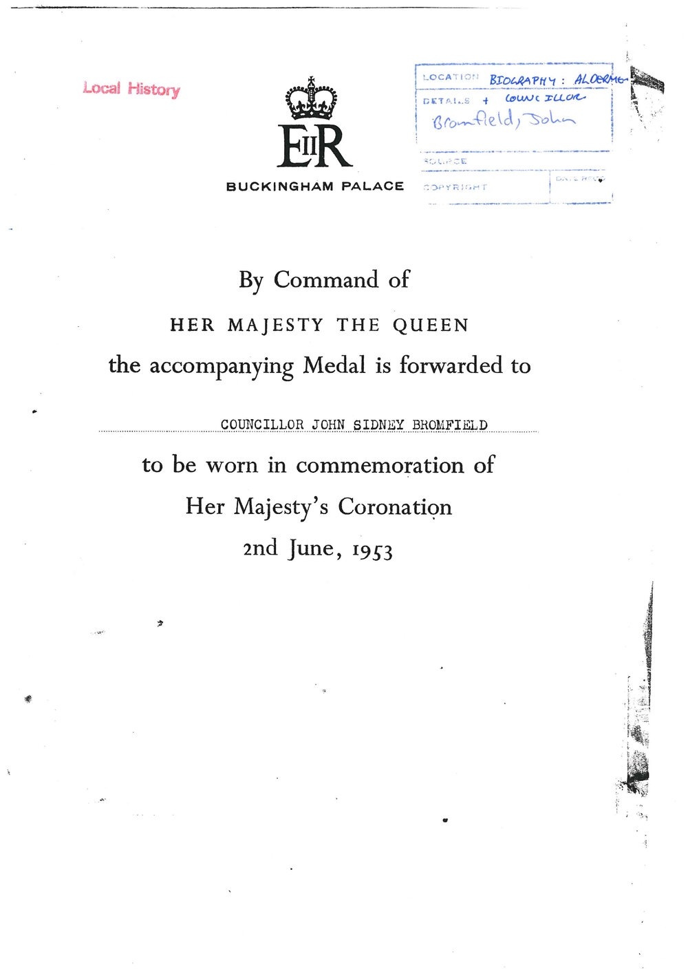 Queen Elizabeth II Coronation Medal awarded to Councillor John Sidney Bromfield