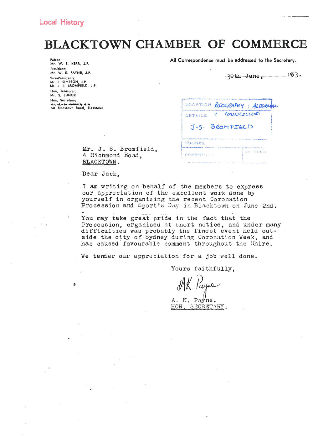 Letter from Blacktown Chamber of Commerce to John Sidney Blomfield, 1953