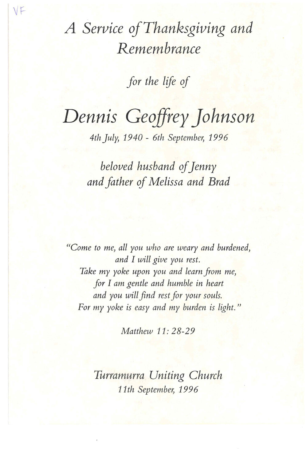 Dennis Geoffrey Johnson - Service of Thanksgiving and Remembrance, 1996