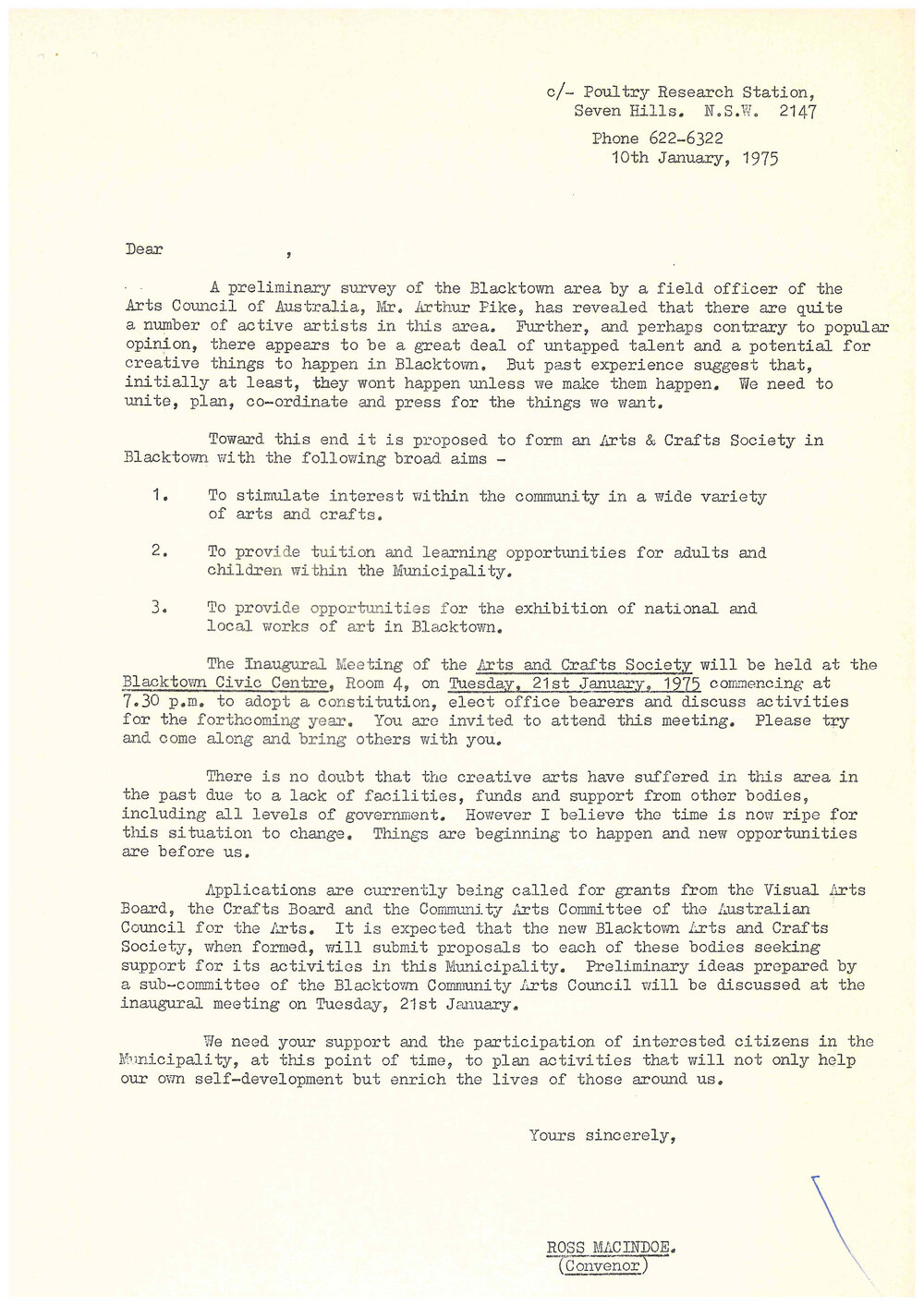 Blacktown Arts &amp; Crafts Society, Inaugural Meeting 1975