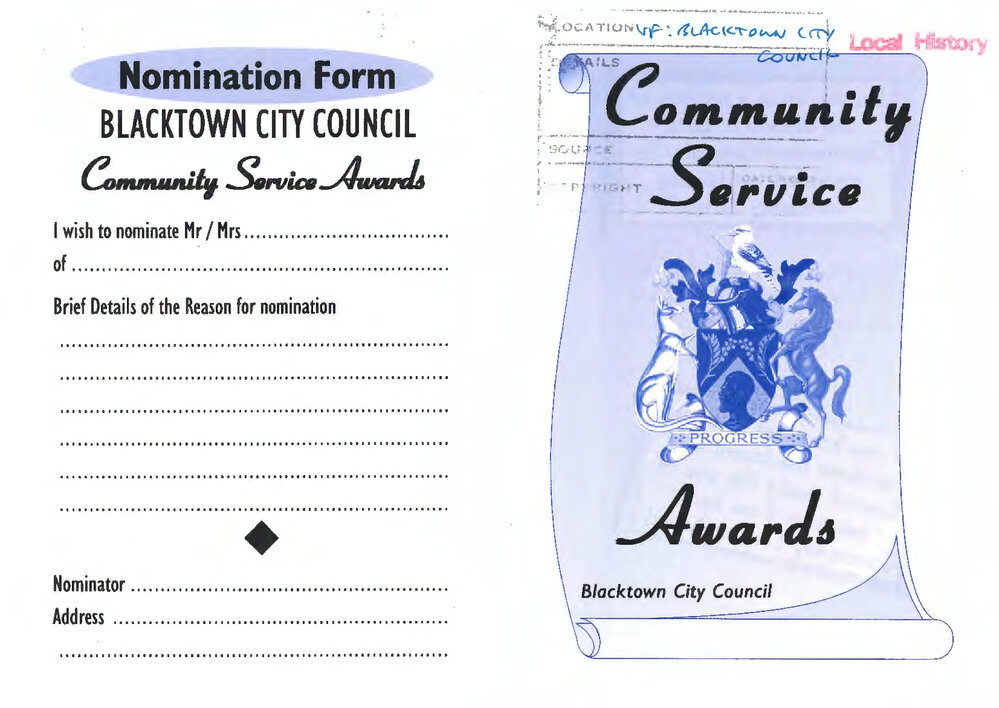Blacktown City Council Community Service Awards - entry form