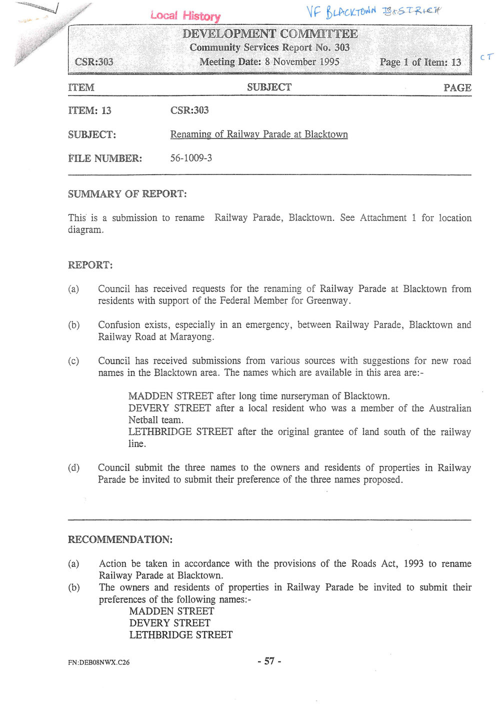 Renaming of Railway Parade, Blacktown, 1995