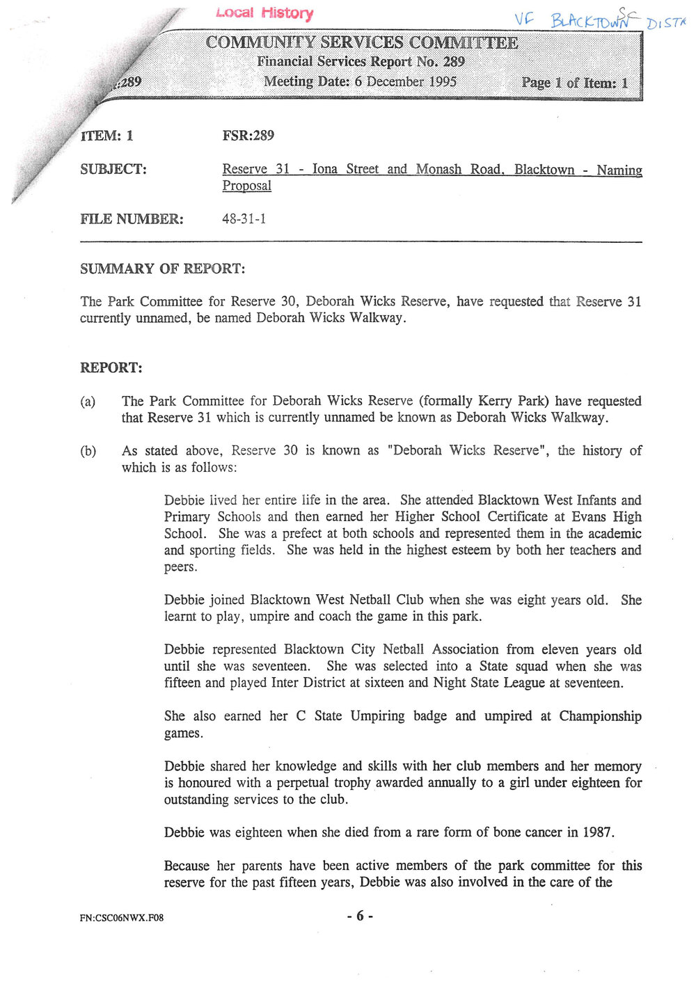 Naming of Deborah Wicks Walkway Blacktown, 1995