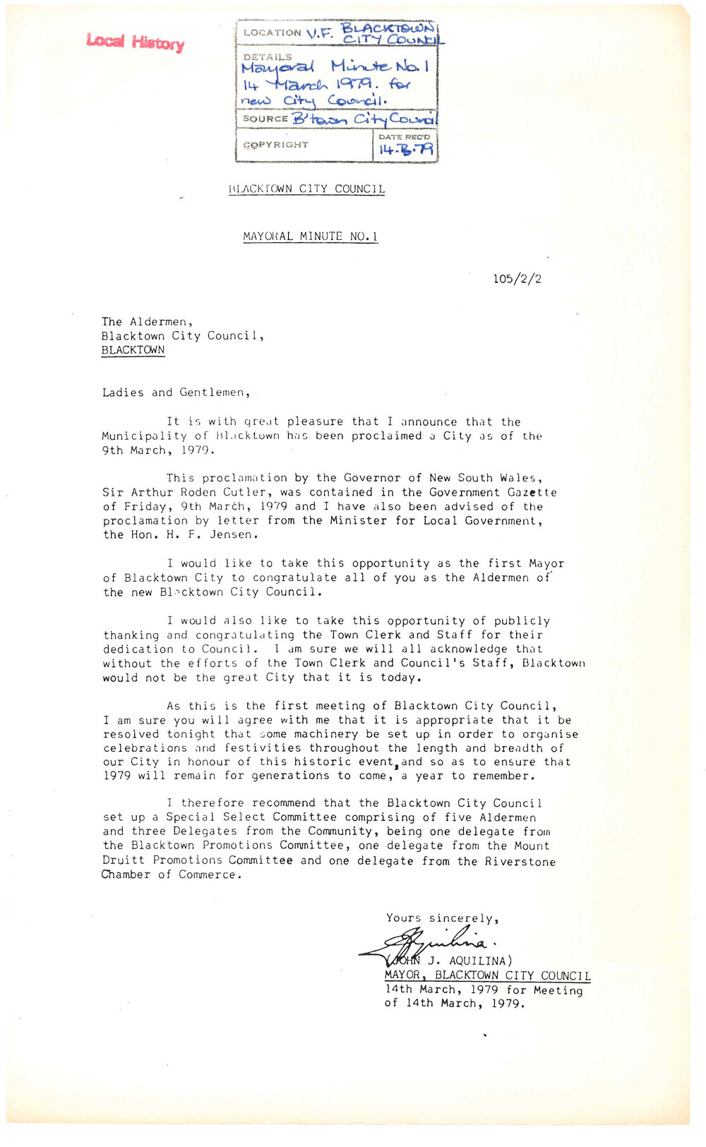 Blacktown City Council - Mayoral Minute 1 Proclamation of Blacktown City, 1979