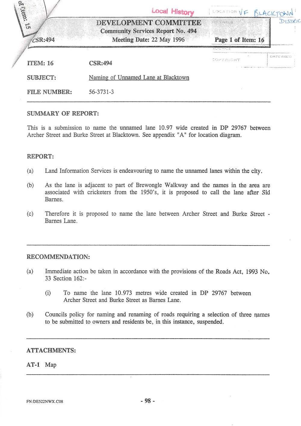  Naming of Barnes Lane, Blacktown