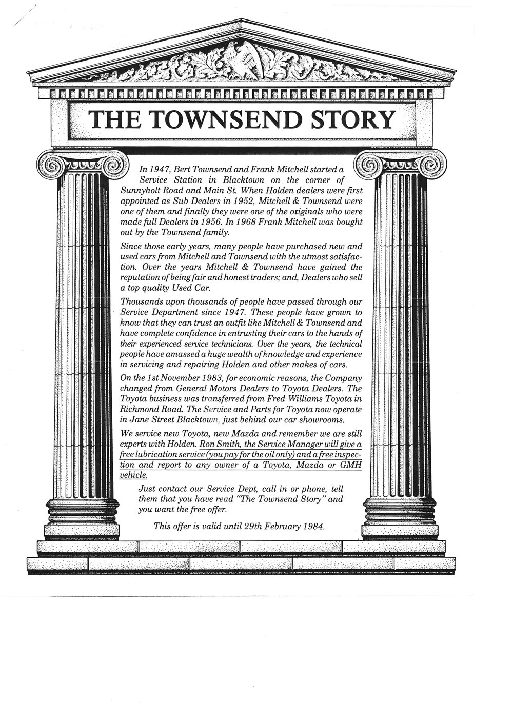 The Townsend Story - History of Mitchell &amp; Townsend Holden dealers, 1984