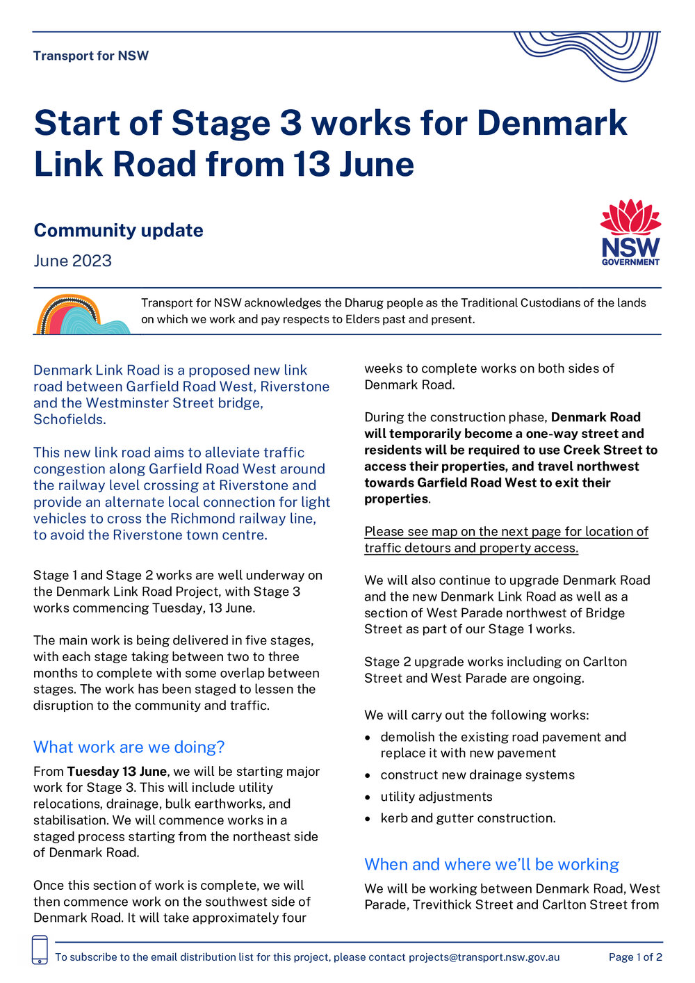 Start of Stage 3 Works for Denmark Link Road From 13 June, 2023