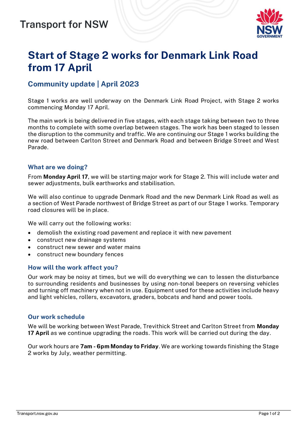 Start of Stage 2 Works for Denmark Link Road, 2023