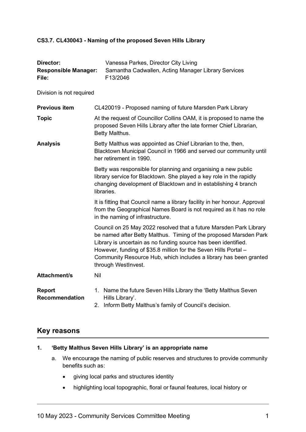 Naming of the Proposed Seven Hills Library, 2023