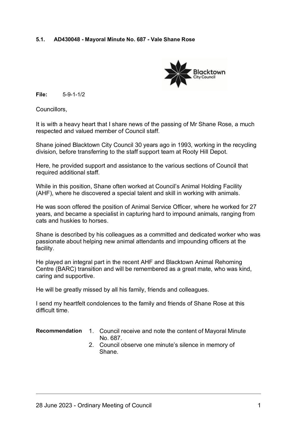 Shane Rose (Mayoral Minute No 687), 2023