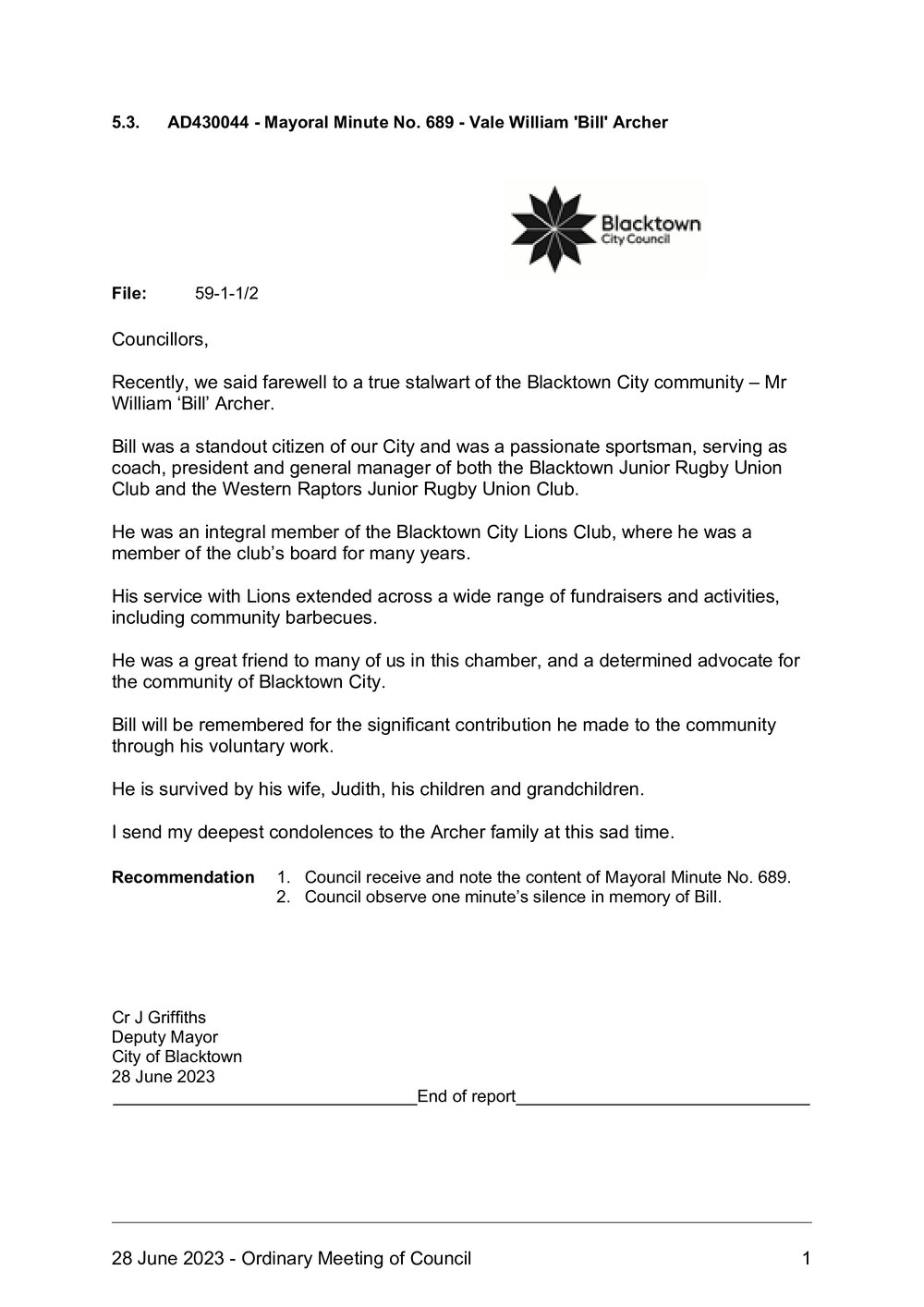 William Archer (Mayoral Minute No 689), 2023