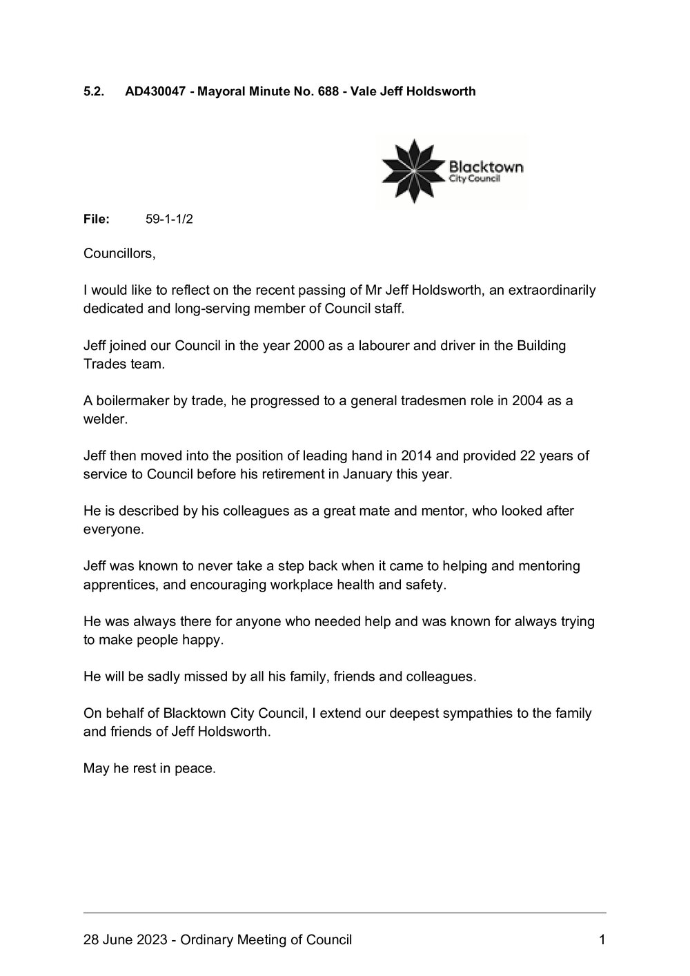Vale Jeff Holdsworth (Mayoral Minute No 688), 2023