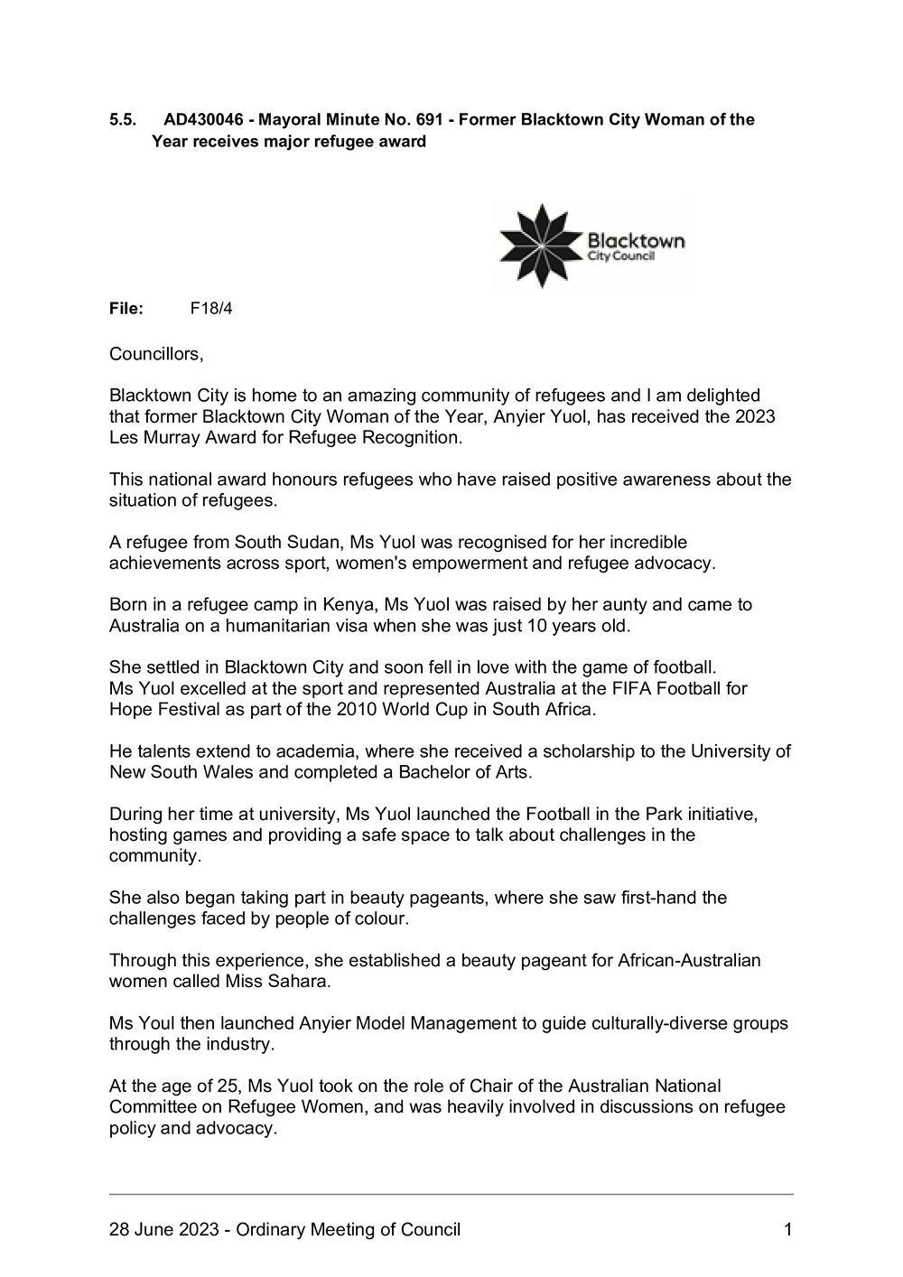 Anyier Yuol (Mayoral Minute No 691), 2023