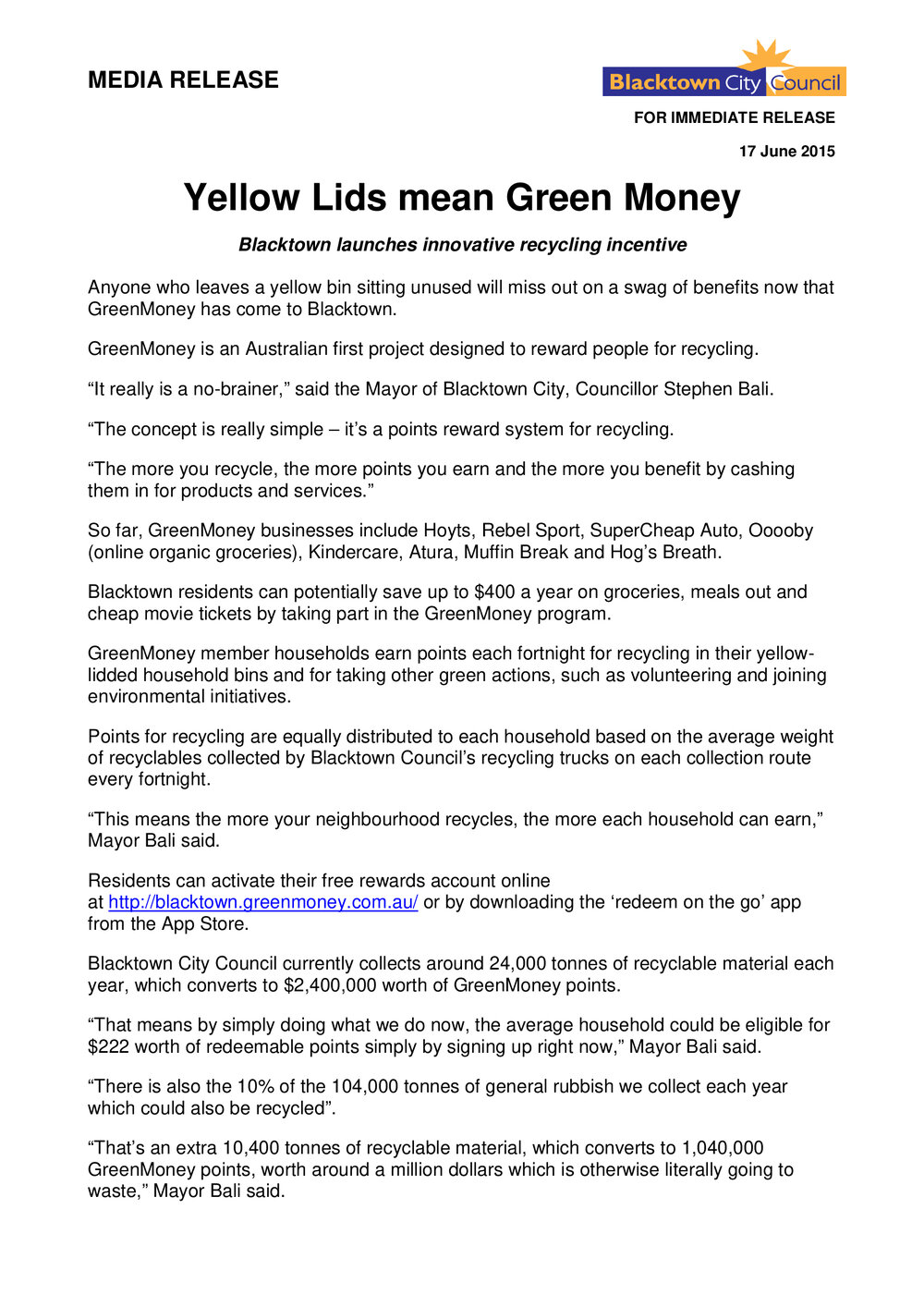 Yellow Lids Mean Green Money, 2015